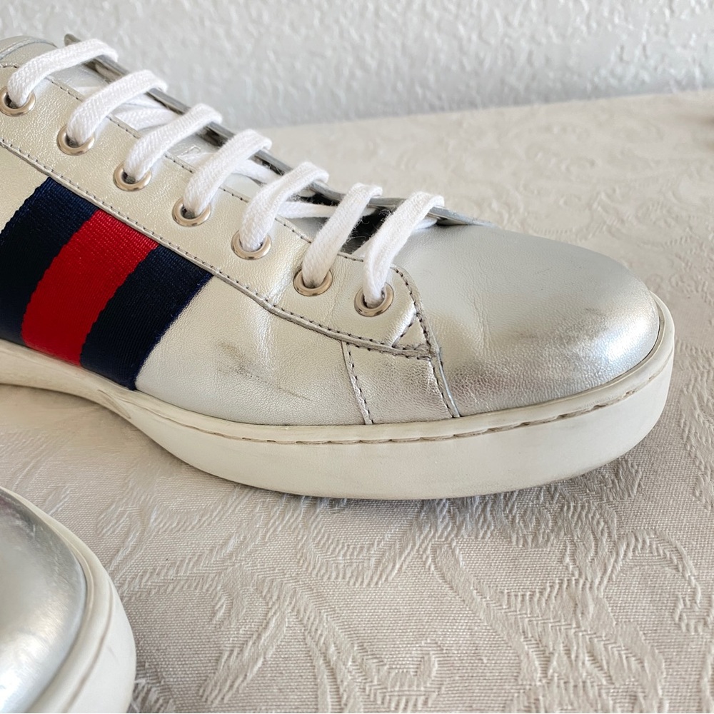 Gucci silver leather Web Sneakers - Picture 4 of 14